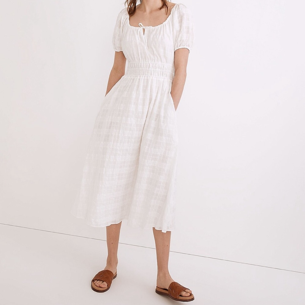 Madewell White Sophia Midi Dress in Seersucker Check